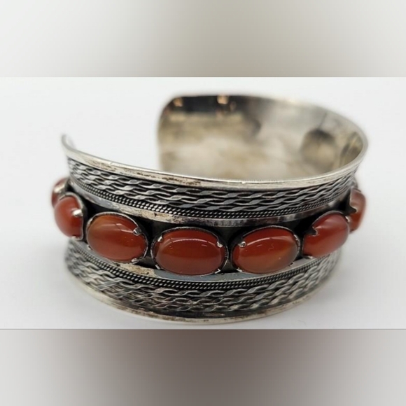 Sterling Silver Carnelian Wide Statement Cuff Bracelet - Picture 3 of 12